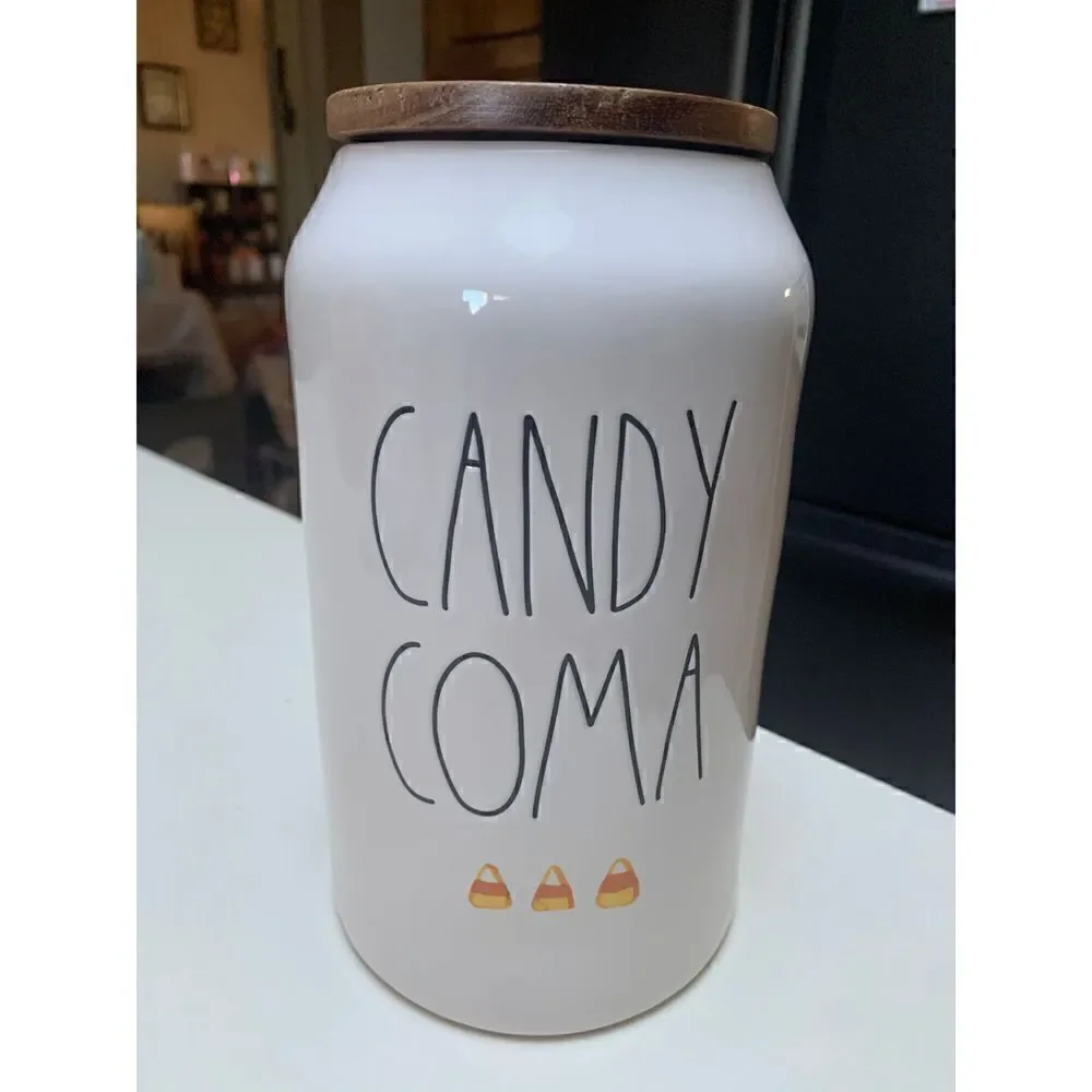 Rae Dunn Halloween Candy Coma Candy Corn Ceramic Canister with Wood Lid NEW